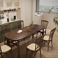 Dark Wooden Dining Table Set With Four Chairs Vase Book And Green Cabinets
