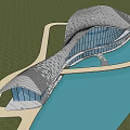 Modern Streamlined Architectural Structure With Glass Facade And Waterfront Green Lawn 3d model