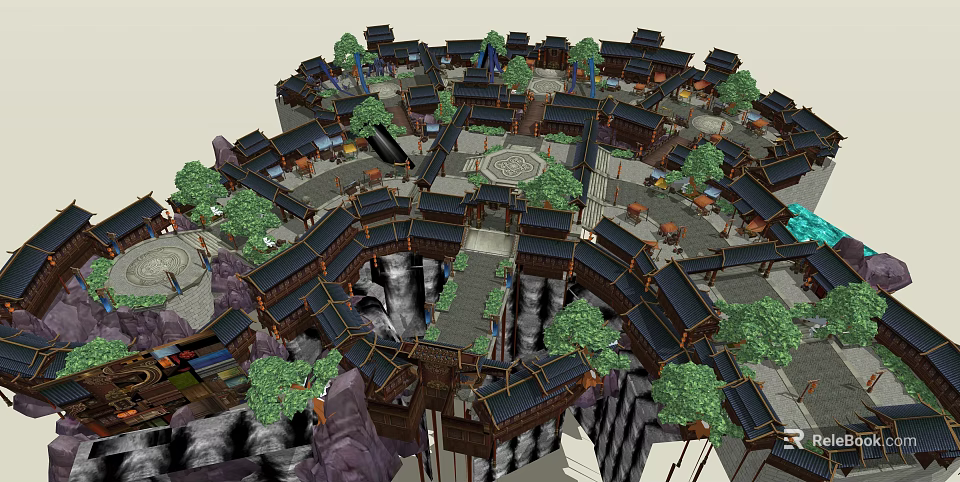 Traditional Chinese Ancient Architecture Complex With Black Tile Roofs Stone Paths And Green Trees 3d model 
