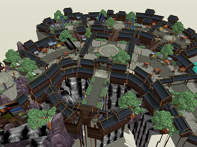 Traditional Chinese Ancient Architecture Complex With Black Tile Roofs Stone Paths And Green Trees 3d model