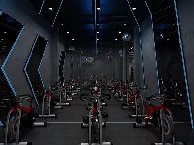 Modern Fitness Gym Interior With Rows Of Stationary Bikes And Mirrored Walls 3d model