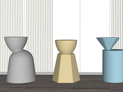 Modern Gray Beige Blue Stools With Different Designs On Vertical Striped Wall And Wooden Floor 3d model