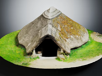 Traditional Thatched Hut with Moss Covered Roof Surrounded by Green Grass and Stone Steps 3d model