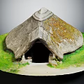 Traditional Thatched Hut with Moss Covered Roof Surrounded by Green Grass and Stone Steps