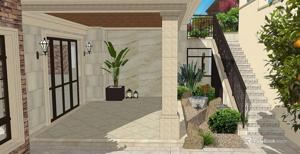 Modern Garden Landscape With Courtyard Stone Wall Palm Plant Lanterns And Staircase 3d model 