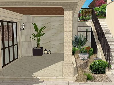 Modern Garden Landscape With Courtyard Stone Wall Palm Plant Lanterns And Staircase 3d model