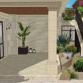 Modern Garden Landscape With Courtyard Stone Wall Palm Plant Lanterns And Staircase