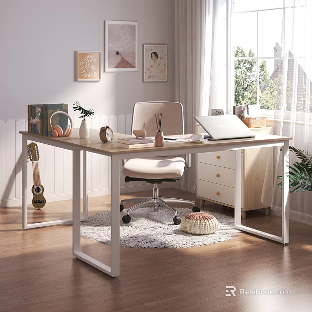 Desk With Laptop Stationery Headphones Potted Plant Chair Drawer Cabinet And Natural Light 3d model 