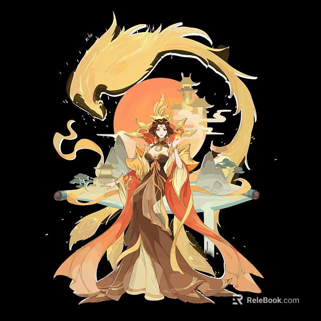 Mythical Game and Movie Character With Flowing Robe Golden Phoenix Red Sun Ancient Tower Mountain 3d model 