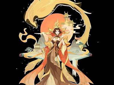 Mythical Game and Movie Character With Flowing Robe Golden Phoenix Red Sun Ancient Tower Mountain 3d model
