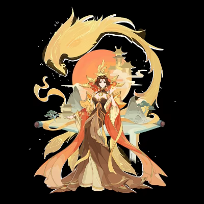 Mythical Game and Movie Character With Flowing Robe Golden Phoenix Red Sun Ancient Tower Mountain 3d model