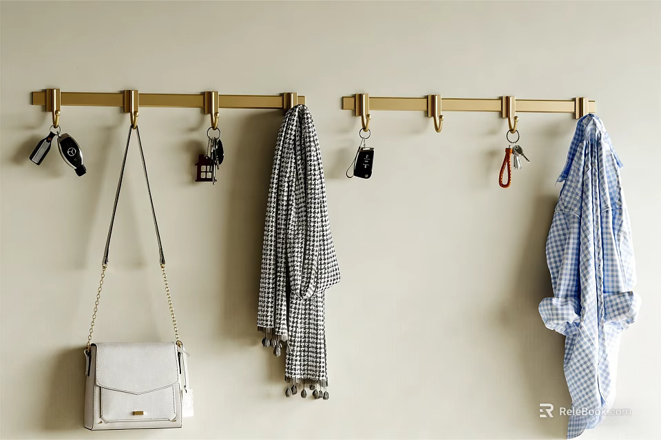 Wall Mounted Gold Hooks With Handbag Scarf Keys And Checkered Shirt 3d model 