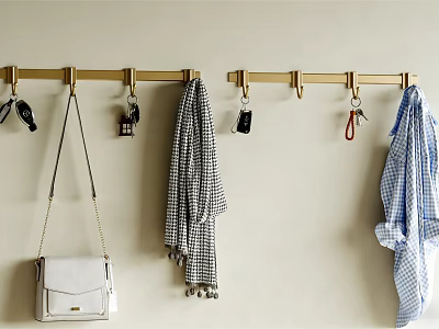 Wall Mounted Gold Hooks With Handbag Scarf Keys And Checkered Shirt 3d model