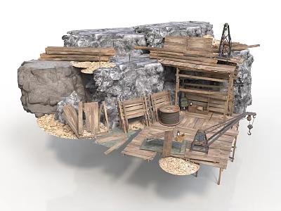 Modern Stone And Wooden Platform Design With Tools And Rock Background Elements 3d model