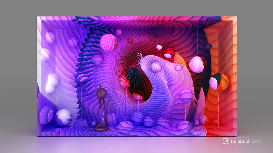 Artistic Window Display Featuring Vibrant Purple Pink Gradients Wavy Structures And Colorful Spheres 3d model 