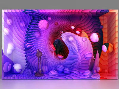 Artistic Window Display Featuring Vibrant Purple Pink Gradients Wavy Structures And Colorful Spheres 3d model