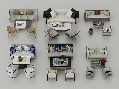 Modern Sofa Coffee Table Set with Various Styles and Decorative Elements and Pillows 3d model