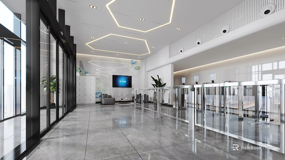 Modern Reception Area Interior With Front Desk Digital Screen Turnstiles And Green Plants 3d model 