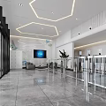Modern Reception Area Interior With Front Desk Digital Screen Turnstiles And Green Plants
