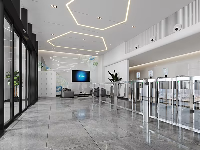 Modern Reception Area Interior With Front Desk Digital Screen Turnstiles And Green Plants 3d model