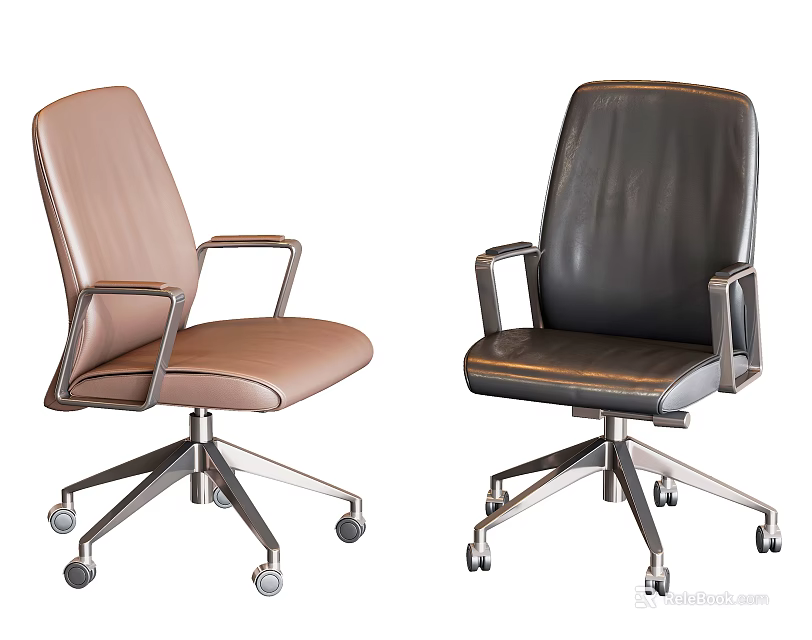 Modern Office Chair With Light Brown And Black Leather Seats Metal Base And Wheels 3d model 
