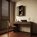 Contemporary Home Desk Interior With Wall Mounted Cabinet Laptop Vases Chair And Vertical Blinds