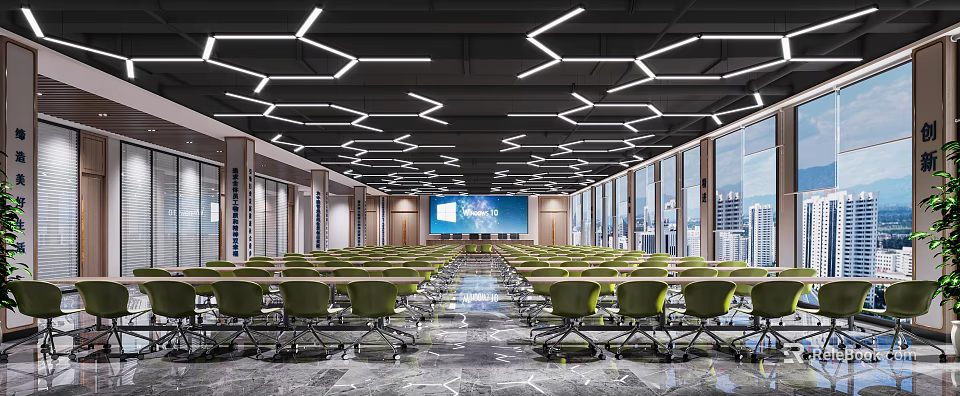 Spacious Conference Room With Green Chairs Large Screen Geometric Ceiling Lights And City View 3d model 