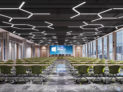 Spacious Conference Room With Green Chairs Large Screen Geometric Ceiling Lights And City View 3d model