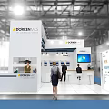 DORREN MES Exhibition Booth White Modern Design With Display Screen Staff And Visitors