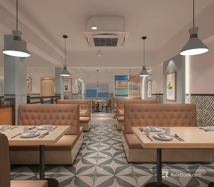 Modern Restaurant Interior With Beige Booths Tables Geometric Floor Tiles And Pendant Lights 3d model 