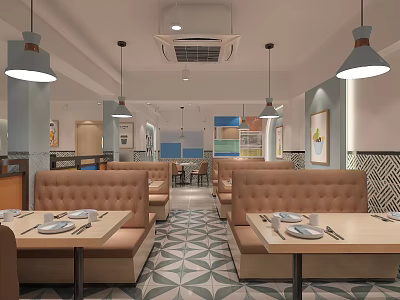 Modern Restaurant Interior With Beige Booths Tables Geometric Floor Tiles And Pendant Lights 3d model