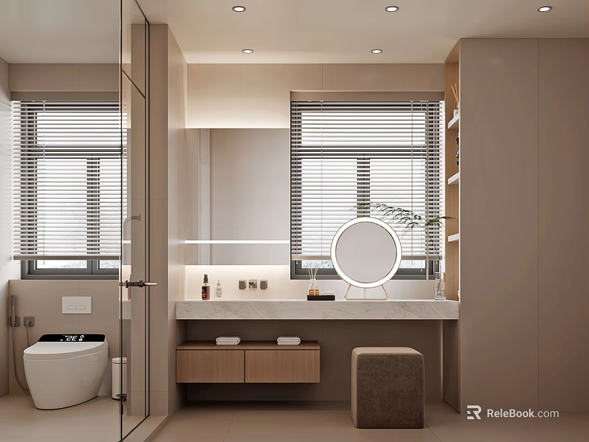 Modern Bathroom Interior Design With Round Mirror Vanity Toilet And Window Blinds 3d model 