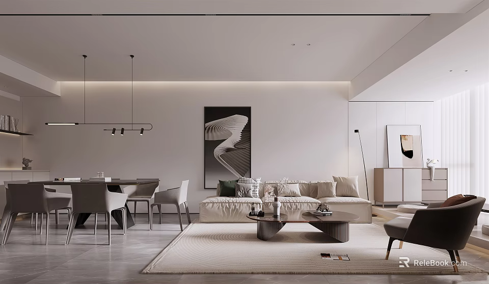 Modern Open Living Dining Area With Sofa Dining Table Pendant Lights 3d model