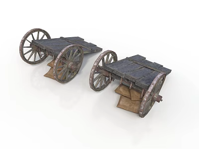 Old Wooden Carts With Large Wheels And Brown Sacks On White Background 3d model
