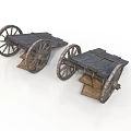 Old Wooden Carts With Large Wheels And Brown Sacks On White Background