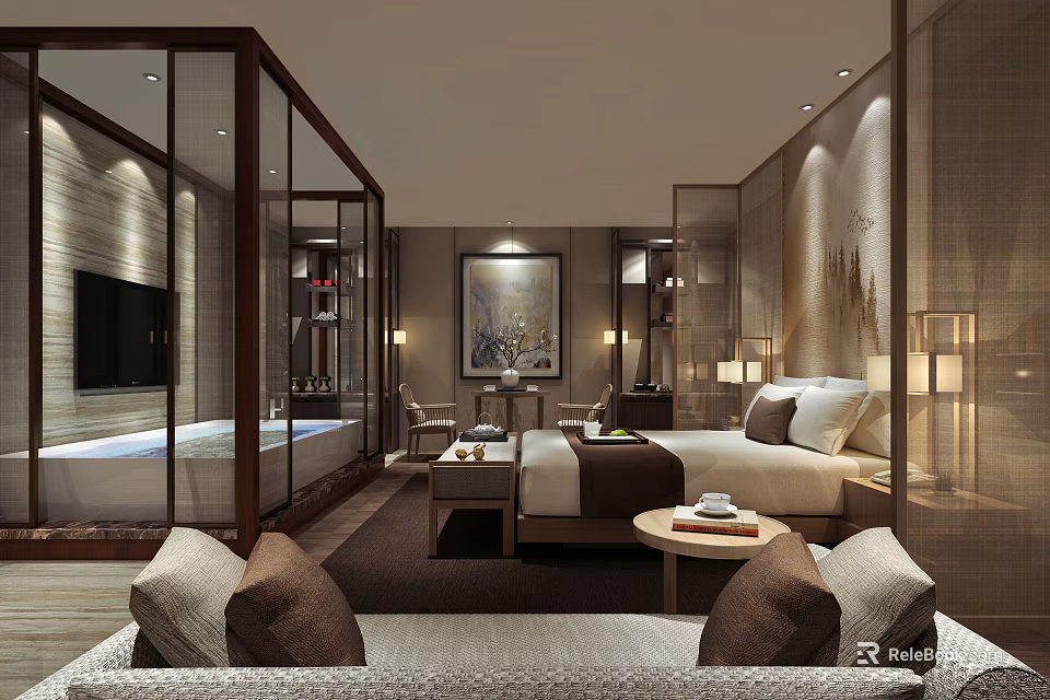 Elegant Modern Hotel Room Interior With Bed Sofa Painting Glass Partition Bathtub And Lighting 3d model 