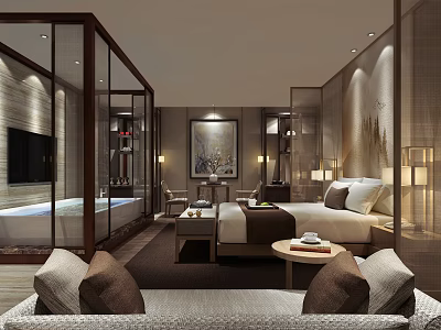 Elegant Modern Hotel Room Interior With Bed Sofa Painting Glass Partition Bathtub And Lighting 3d model