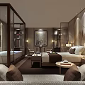 Elegant Modern Hotel Room Interior With Bed Sofa Painting Glass Partition Bathtub And Lighting