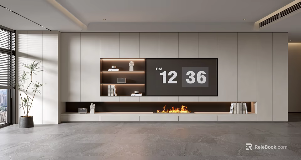 Modern Living Room TV Wall Design With Fireplace White Cabinets And Gray Floor 3d model 