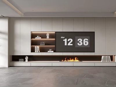 Modern Living Room TV Wall Design With Fireplace White Cabinets And Gray Floor 3d model