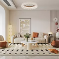 Modern Living And Dining Room Interior Design With Sofa Patterned Rug Chandelier And Wall Art 3d model