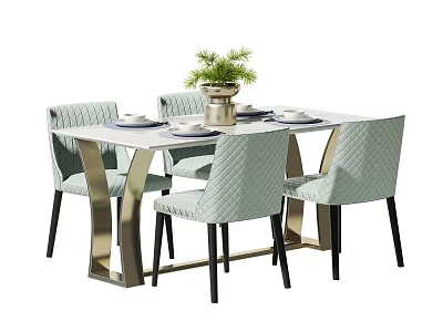 Modern Dining Table Set With Light Green Upholstered Chairs Metal Legs And Decorative Plant Vase 3d model