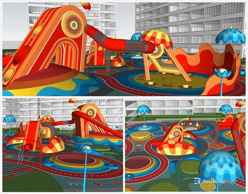 Colorful Playground With Red Slide Umbrella Structures And Circular Patterns Near High-Rise Buildings 3d model 