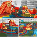 Colorful Playground With Red Slide Umbrella Structures And Circular Patterns Near High-Rise Buildings