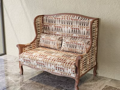 Beige Brown Patterned Three-Seater Sofa With Wooden Frame And Matching Accent Pillows 3d model