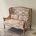 Beige Brown Patterned Three-Seater Sofa With Wooden Frame And Matching Accent Pillows