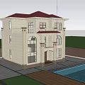 Detached Villa Red Roof Beige Exterior Arched Windows Swimming Pool Surrounding Trees And Lounge Chairs