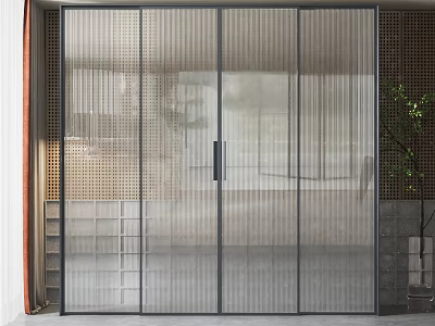 Modern Glass Sliding Door With Black Frame In Interior Design Featuring Textured Wall And Plant 3d model