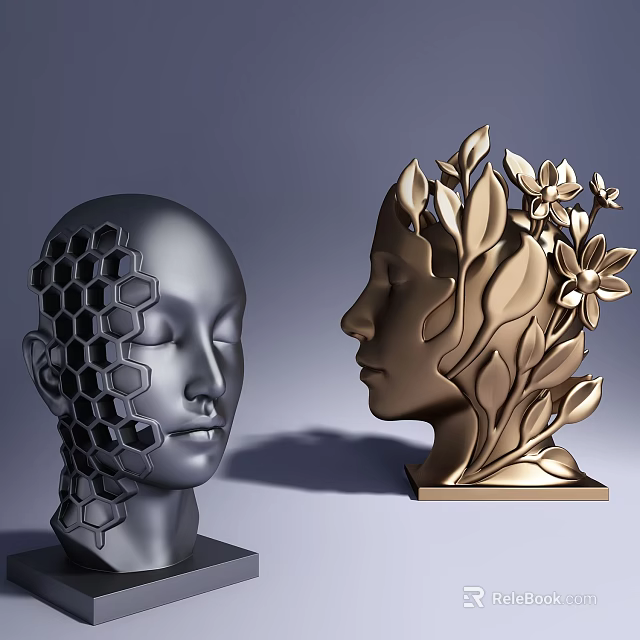 Artistic Human Head Sculptures with Honeycomb Pattern and Leaves Flowers Golden Silver Design 3d model 