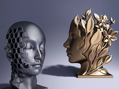 Artistic Human Head Sculptures with Honeycomb Pattern and Leaves Flowers Golden Silver Design 3d model